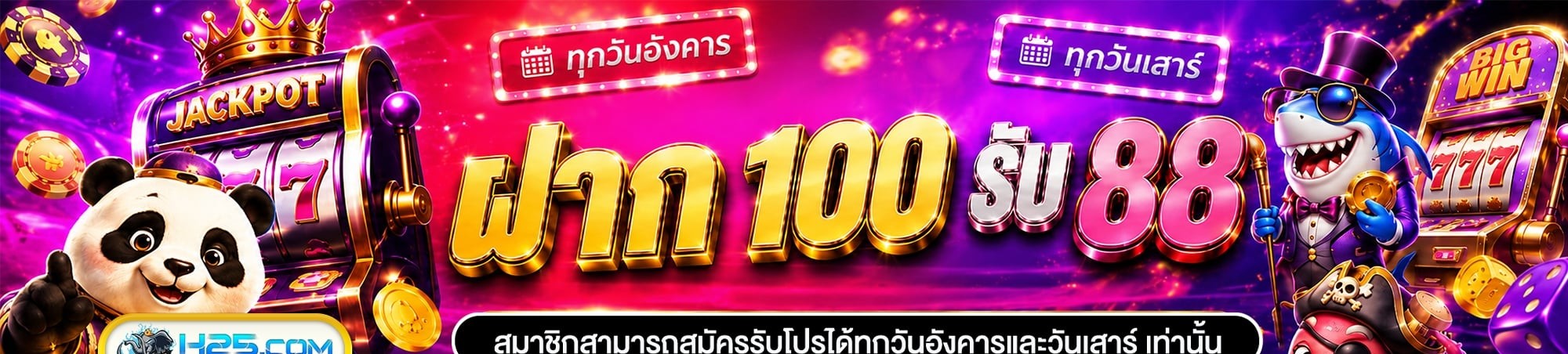 แบนเนอร์โปรรายสัปดาห์ แสดงตัวเลข 100 และ 88 บนพื้นสีชมพูพร้อมแพนด้า
